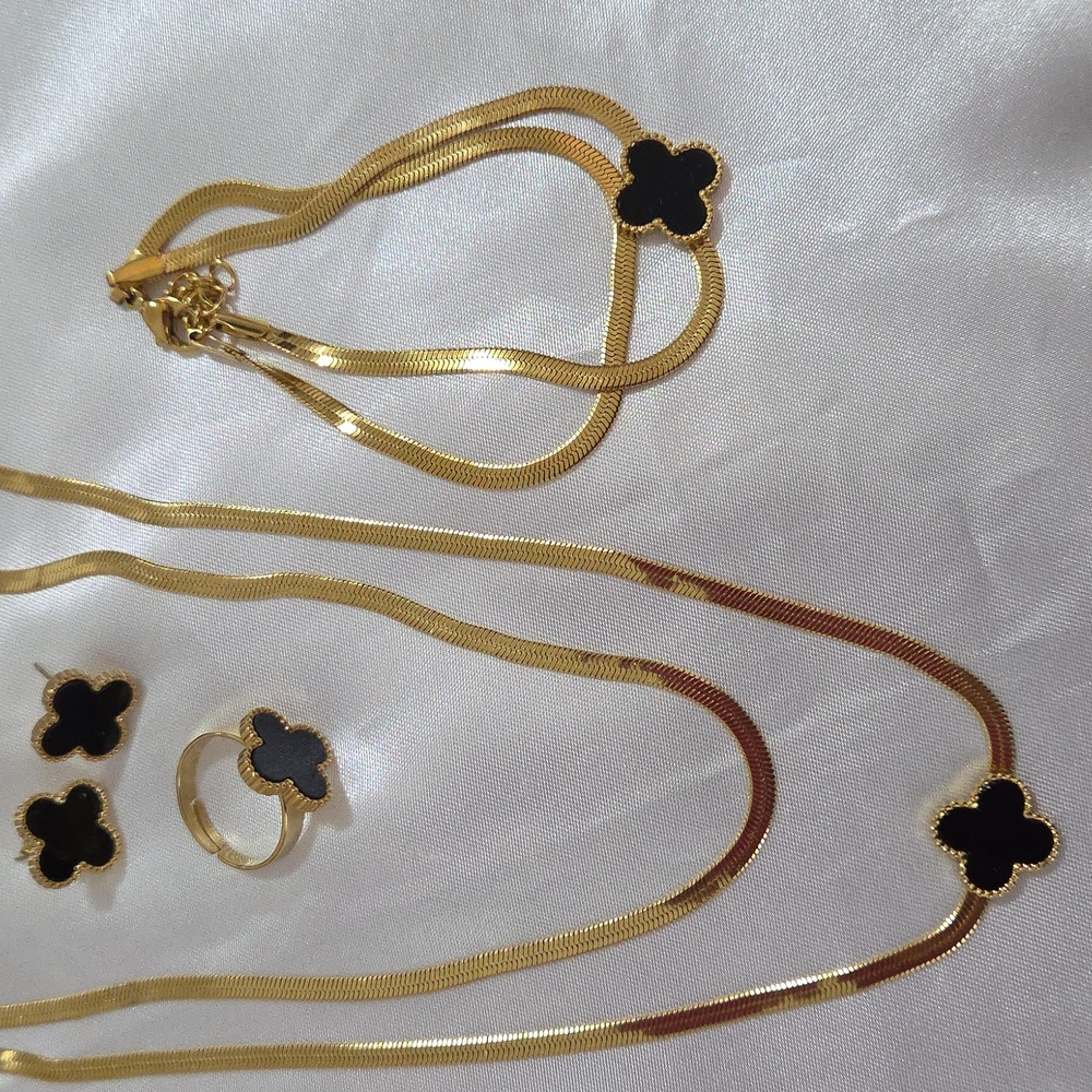 Four Leaf Clover Black Necklace, Bracelet, Earrings, Ring Gold Tone